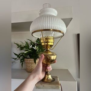 Vintage Electric Brass Oil Lamp with Milk Glass Shade on Marble Base